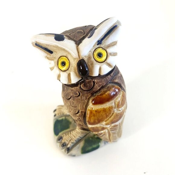 Cute Ceramic Hand Painted and Carved Owl Figurine Marked 3” Tall - Picture 1 of 9
